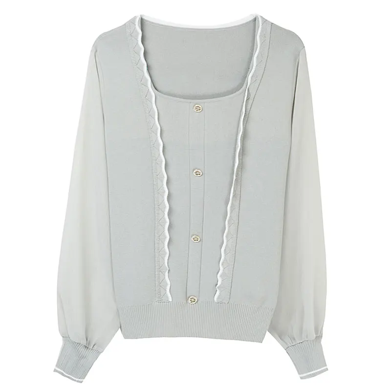 

YISU Fashion Women Sweater Spring Solid color Fake two-piece Transparent sleeve Loose Jumper Female Casual Knitted Pullover