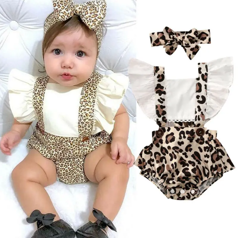 

New Fashion Baby Summer Clothing Newborn Infant Baby Girl Clothes Leopard Jumpsuit Bodysuit Headband 2Pcs Outfits