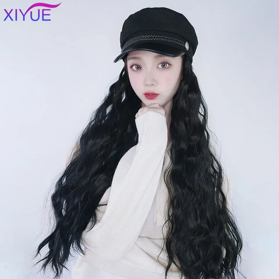 XIYUE Girls Long Curly Synthetic Navy Cap Wigs Hair Extensions Naturally Connect One Pieces Octagonal Hat Wig Autumn And Winter | Шиньоны и