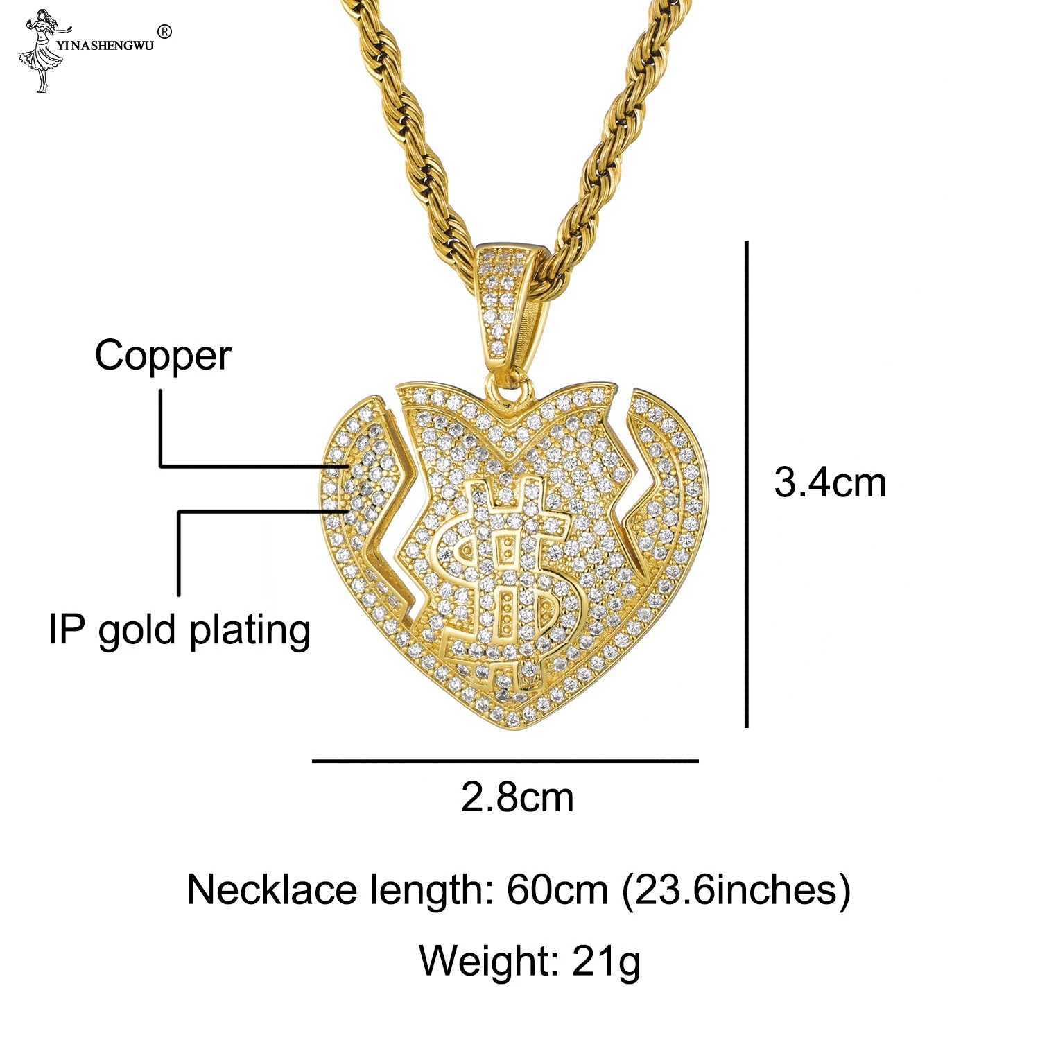 Хип хоп Bling Блестящий Iced Out микро проложили CZ разбитое сердце со знаком доллара