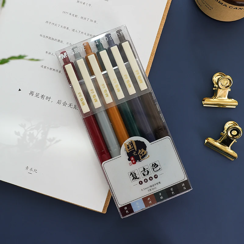 

6pcs National Color Gel Ink Pens Set Quick Dry Retro Colors 0.5mm Roller Ball Pen Writing Marker Liner School Journal A6603
