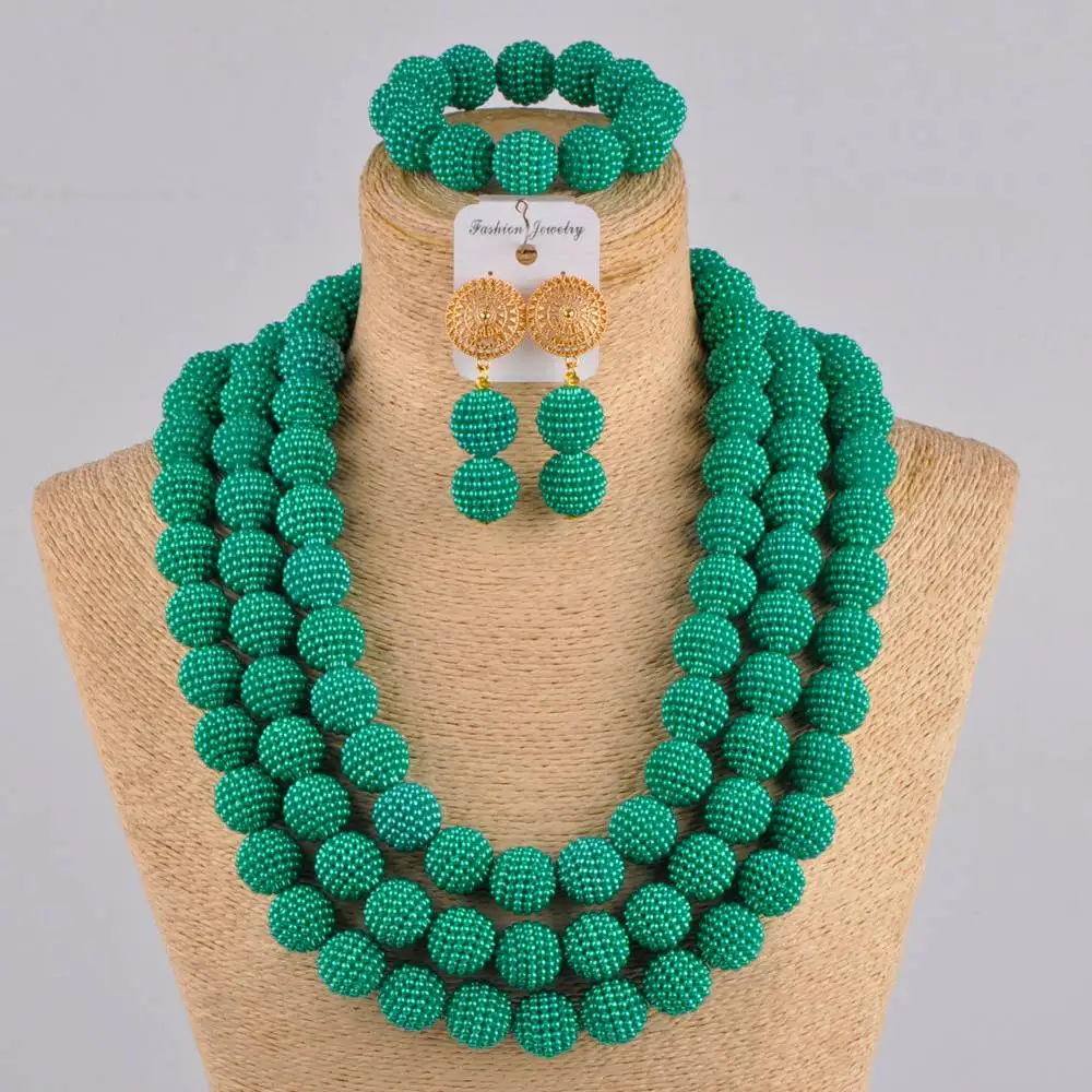 

teal green african jewelry set 24 inches long necklace simulated pearl beads nigerian wedding costume necklace for women FZZ06