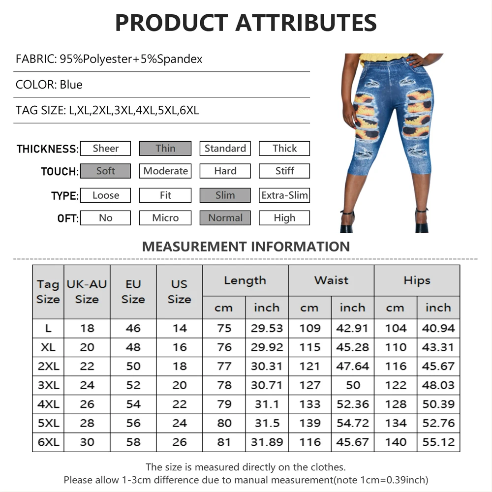 

6XL Plus Size Women Calf-Length Pants Ripped Hole Floral Print Patchwork Stretch Sexy Slim High Waist Ladies Pencil Pants D30