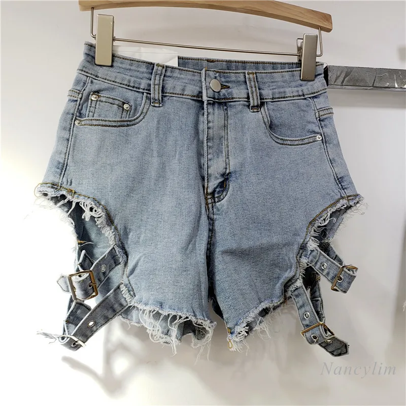 

Summer Personality Side Hollow Out Raw Hem High Waist Denim Shorts Women All-Matching Slimming Hot Pants Blue Black Summer 2021