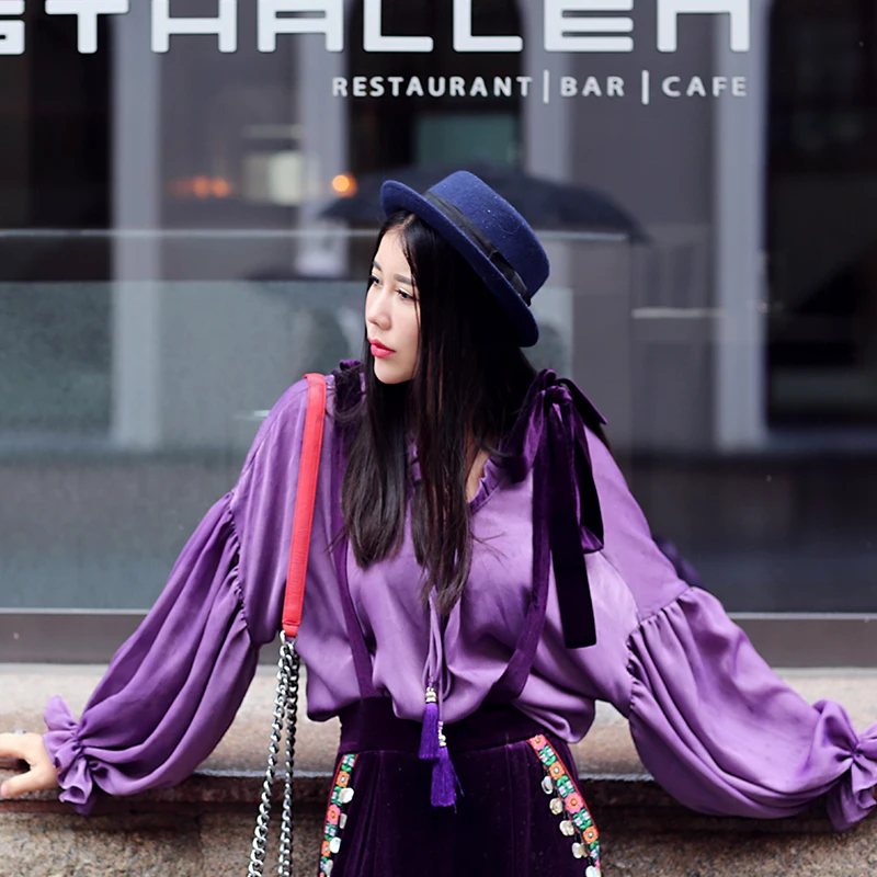 Autumn Women Spring Novelty Vintage Personality Lantern Sleeve Tassel Tie Collar Loose All-Match Basic Shirt Purple | Женская одежда