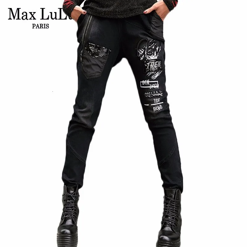 Max LuLu, весенние Модные Винтажные эластичные штаны-шаровары для девочек, корейские женские черные обтягивающие джинсы, рваные женские джинсовые брюки с 3d принтом