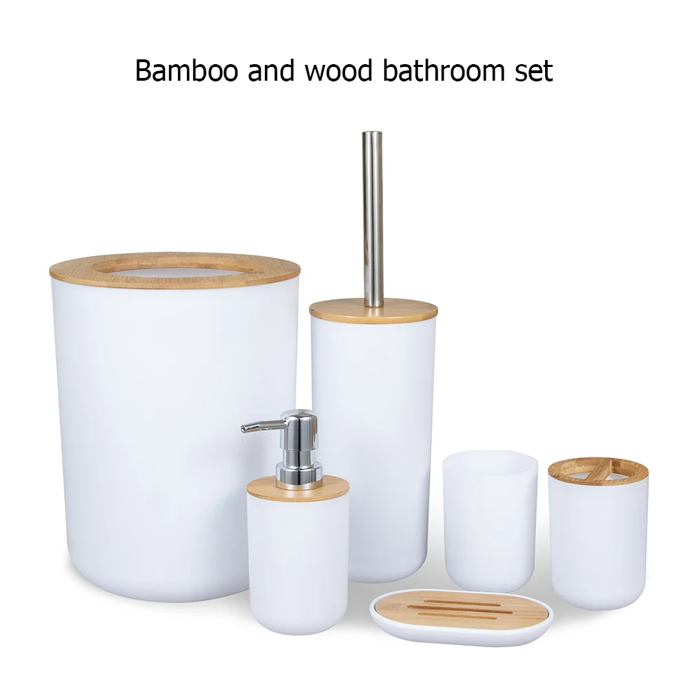 

6 Piece Bamboo Wood Bathroom Set Toothbrush Holder Soap Dish Trash Can Toilet Brush Container Mouthwash Cup Lotion Bottle