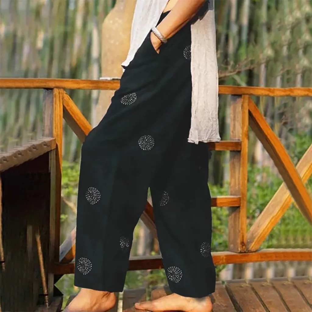 Джоггеры Женские повседневные свободные брюки в горошек из хлопка и льна длинные