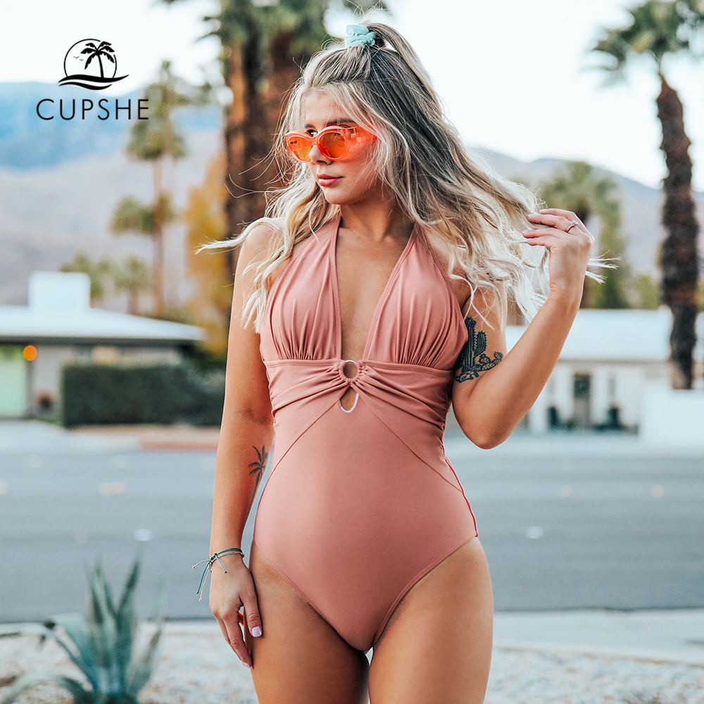 CUPSHE розовый цельный купальник с лямкой через шею женский сексуальный Монокини