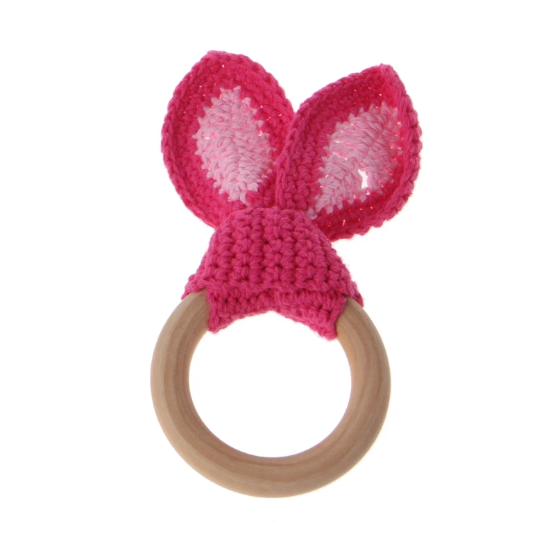Baby Girl Boy Teething Ring Chewable Teether Wooden Natural Bunny Rattle Toy