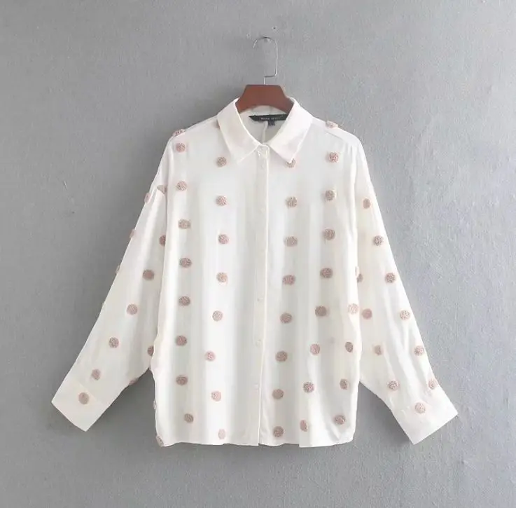 Женские блузки Новинка осени 2019 рубашка в горошек с объемным мехом и помпоном