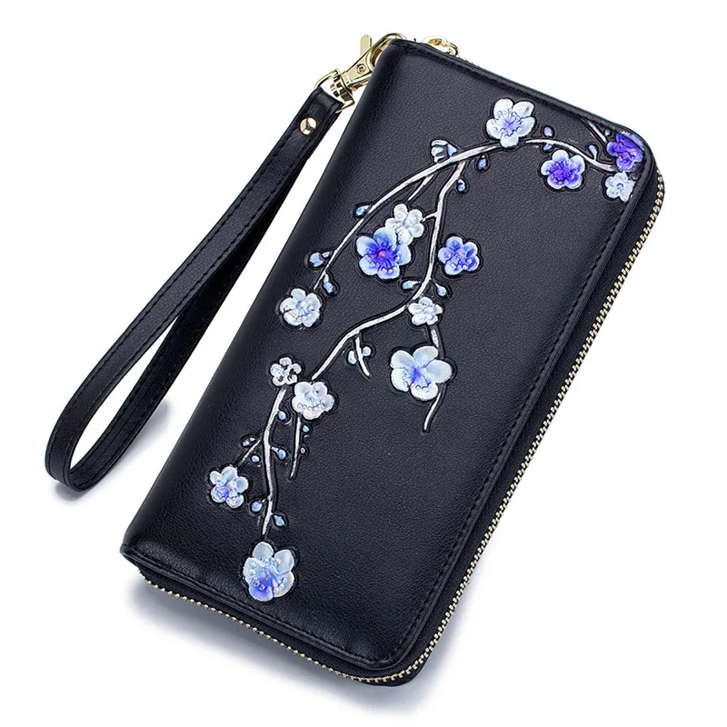 purple Fengdong, женские кошельки и кошельки, смарт, Анти rfid, длинный, на запястье, кошелек, кожаный кошелек, для девушек, для телефона, кошелек, винтажный, цветок, держатель для карт - Цвет: purple