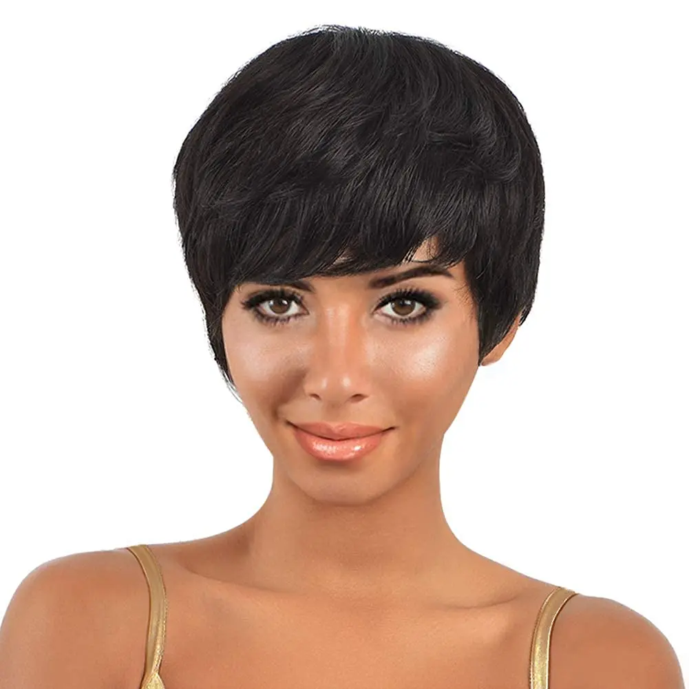 

6 Inch Short Straight Wigs Pixie Cut Wig Natural Black (1B) - 100% Human Hair Short Wigs Layered Pixie Cut Wigs For White Women
