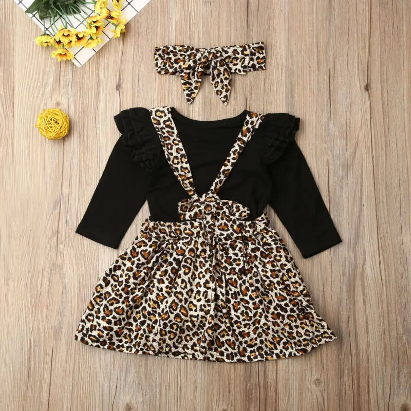 

3Pcs Toddler Baby Girl Casual Clothes Heart Ruffled Romper Tops Leoprard Strap Tutu Skirt Headband Girls Clothes Outfits Set