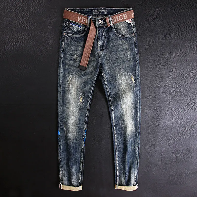 

Newly Street Style Fashion Men Jeans Retro Blue Elastic Slim Fit Ripped Jeans Men Printed Designer Hip Hop Casual Denim Pants