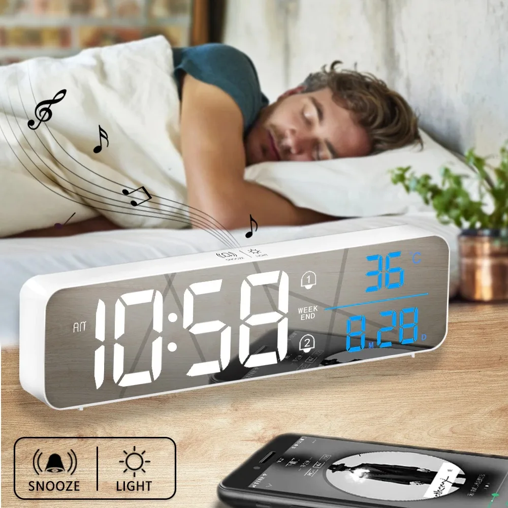 

Music LED Digital Alarm Clock Temperature Date Display Desktop Mirror Clocks Home Table Decoration Electronic Clock 2400 mAh