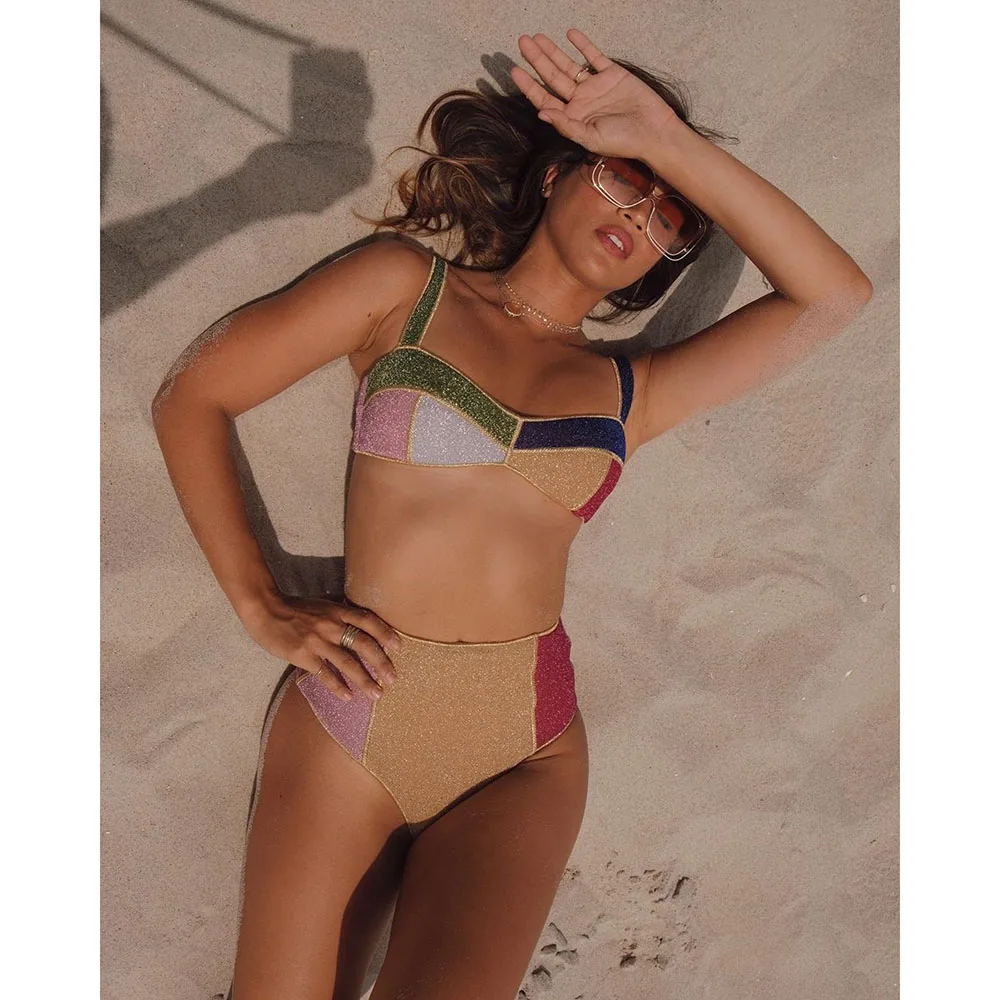 

Women High Waist Bikinis Swimsuit Patchwork Swimwear Beandeau Bikini Set Unusual Blingbling Fabric Beachwear Sexy Biquini 2021