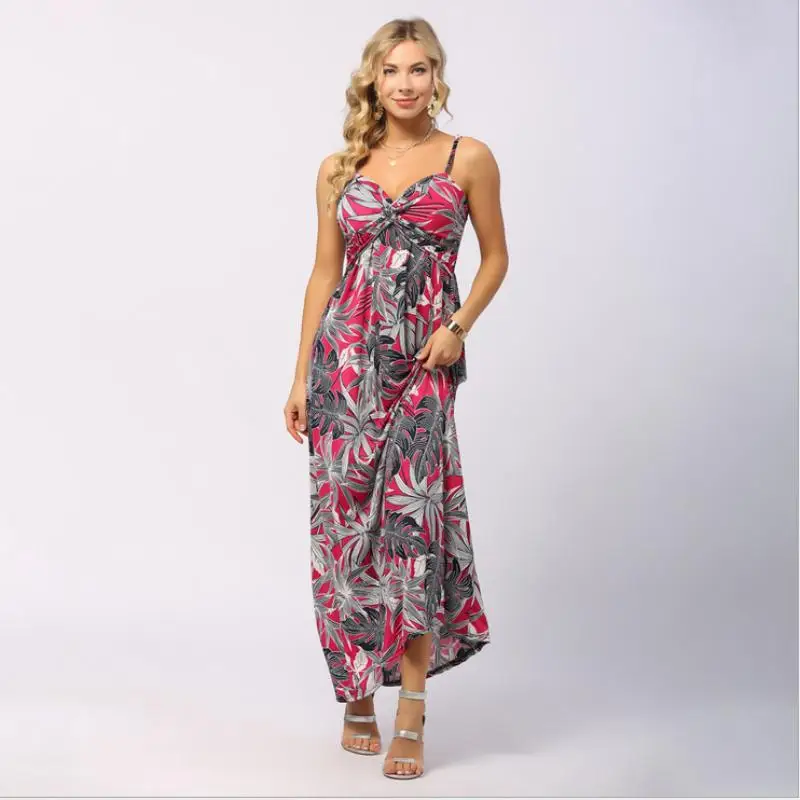 

2021 summer new European and American women's dress British style printed high waist suspender Floral Dress