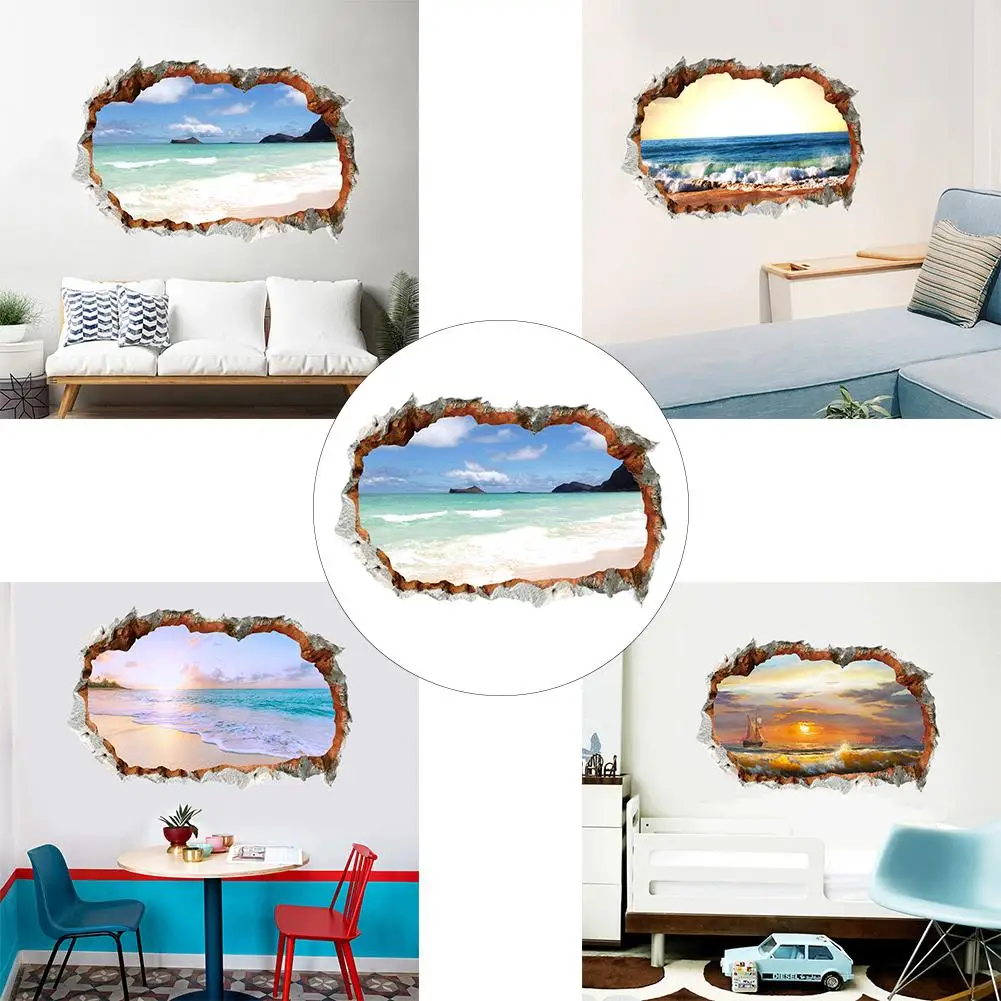 

1Pc Removable 3D Effect Break Through Wall Sticker Sea Ocean Beach Design Decal Living Room Decor Наклейки