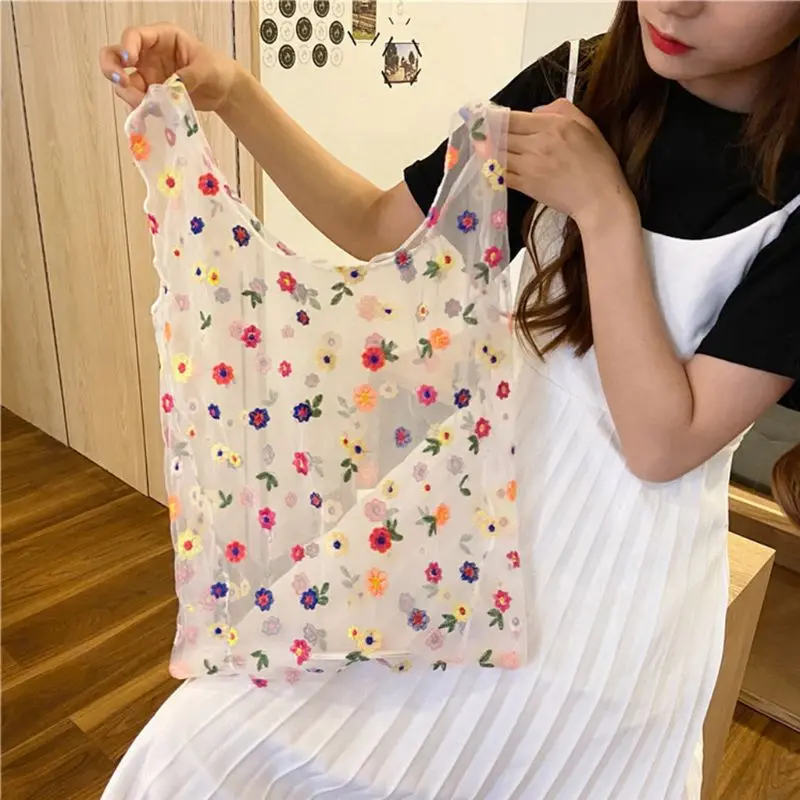 

Women Ladies Multifunction Mesh Cloth Bag Tote Female Large Capacity Flower Embroidery Shopping Bags Reusable Organizer
