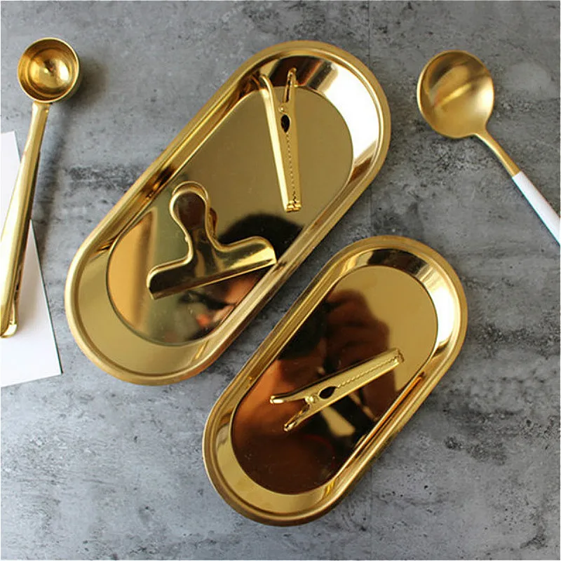 

Nordic Metal Jewelry Tray Gold Silver Oval Stainless Steel Storage Plate Snacks Baking Fruit Food Storage Tray Soap Holder Dish