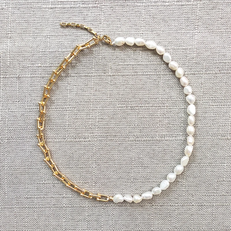 

Creative design gold-color chain choker natural freshwater pearls stitching trendy charming jewelry for women banquet necklace