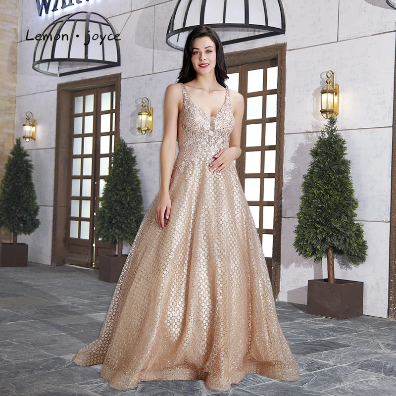 Lemon joyce длинное вечернее платье цвета шампань с V образным вырезом без рукавов