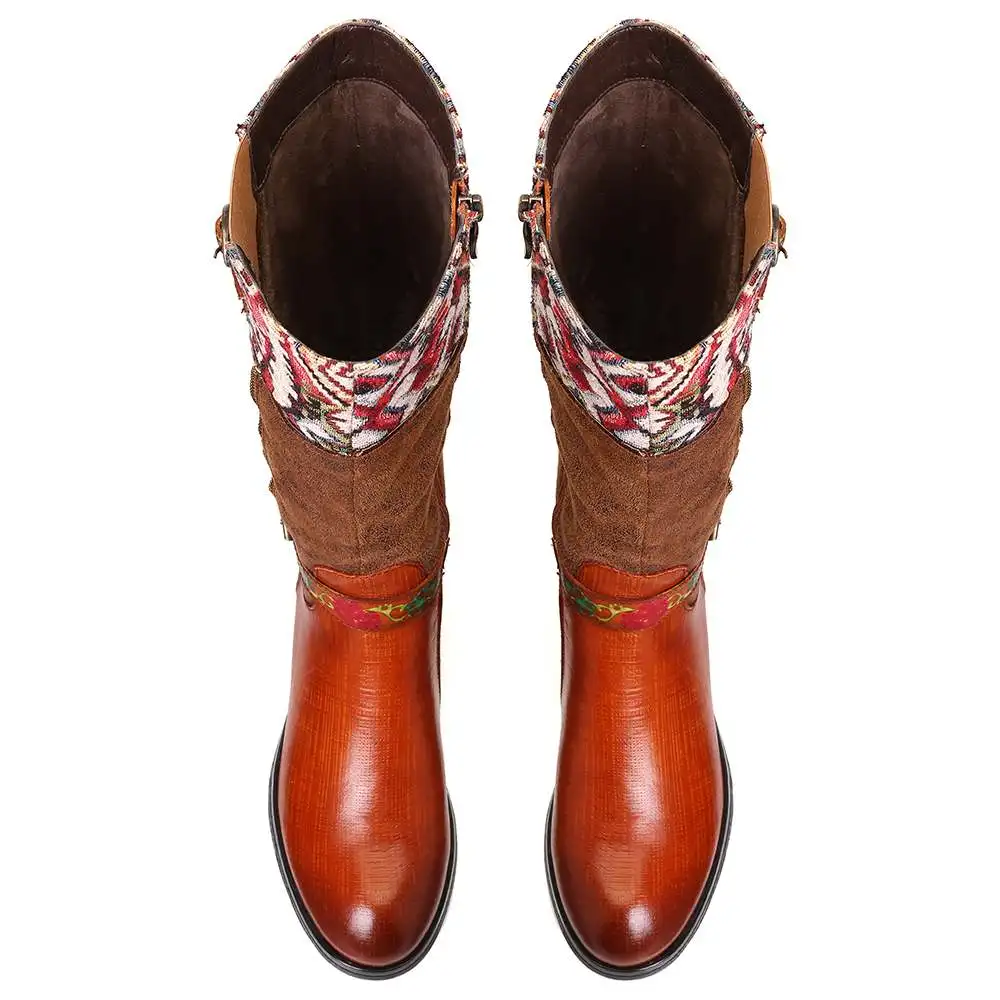SOCOFY Botas mujer; ботинки из натуральной кожи с квадратным узором; ботинки до середины икры на мягкой плоской подошве; обувь на каблуке; женская зимняя обувь