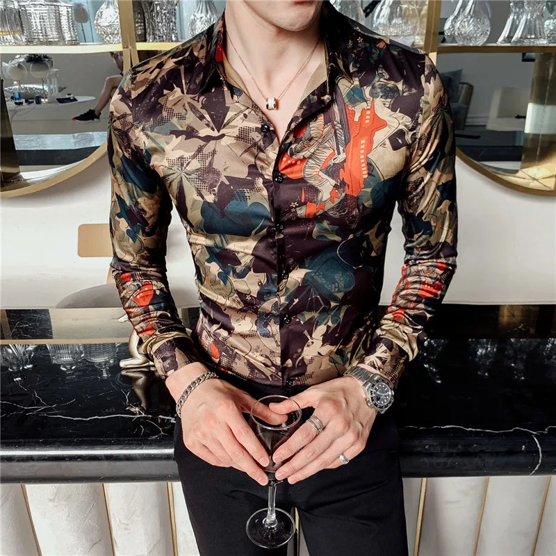 

Men's Shirt Fashion Club Clothing Mens Designer Brand Floral Shirt Slim Long Sleeve Camisa Baroque Slim Party Shirt