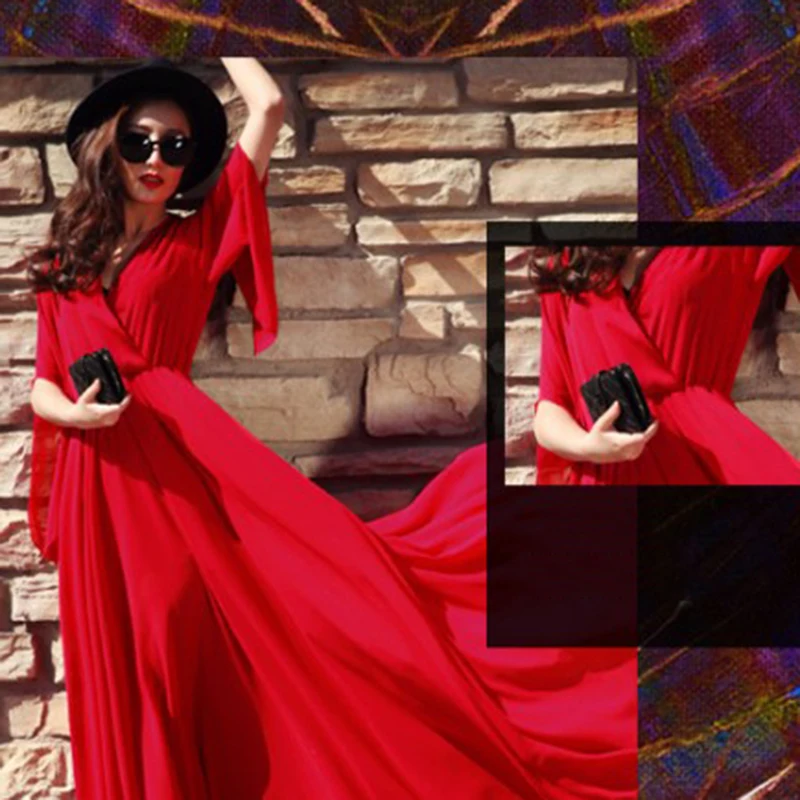 Новинка лета 2020 красное Элегантное Длинное платье женское однотонное шифоновое