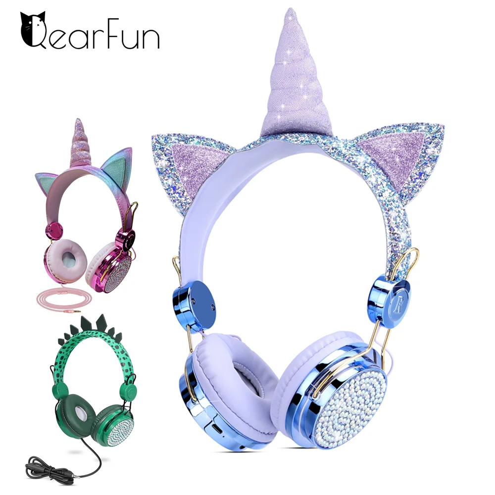 

Cute Girls Unicorn Headphones for Children Kids Child 3D Stereo Music Wired Phone Headset Gamer Bling Diamond Boy Dinosaur Gift