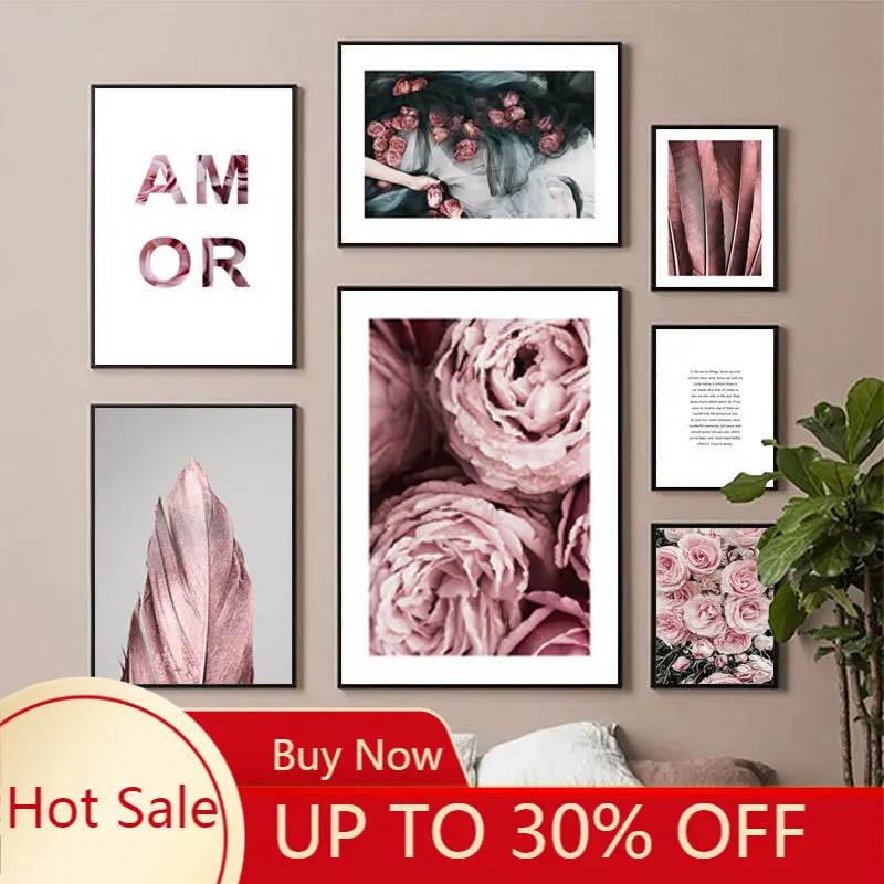 Постер в скандинавском стиле с изображением розы и перьев | Дом сад