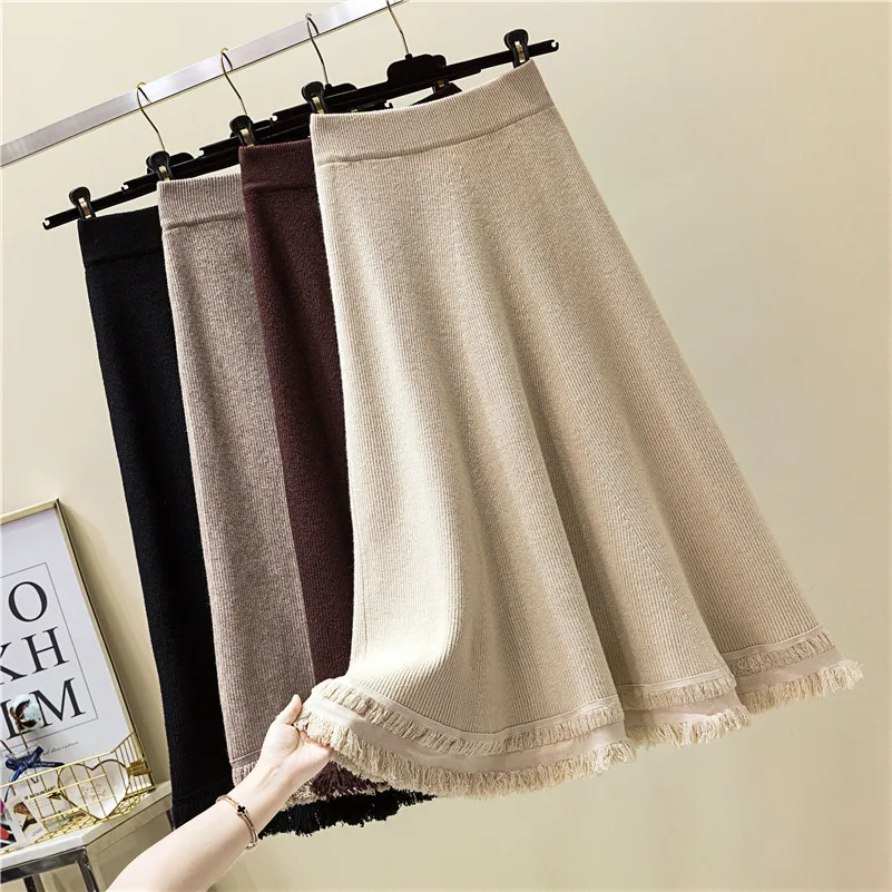 Утепленные осень зима длинная трикотажная юбка женские с высокой посадкой