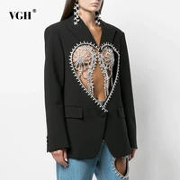 vgh black casual patchwork diamonds female blazers notched long sleeve korean fashion cut out loose jackets autumn 2021 clothing