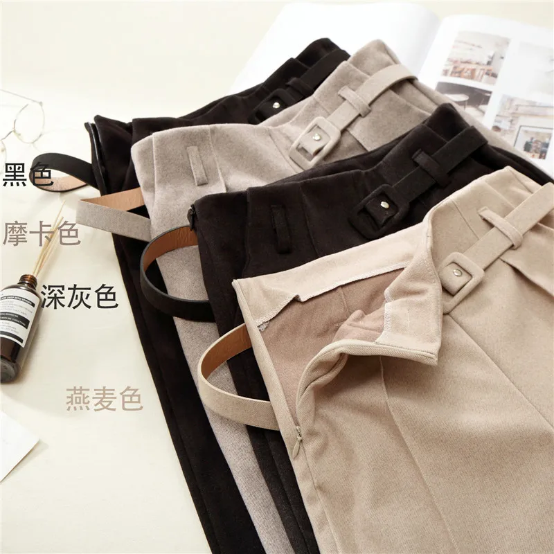 

New Winter Woolen Pants Women Harem Pants With Belt Higt Waist Casual Pants Korean Style Pantalon Femme Work Office Pants