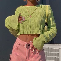 korean style pleated round neck womens new long sleeved belly button all match crop top women y2k aesthetic 2021 autumn