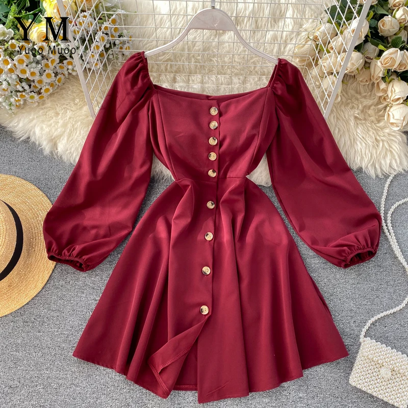 Женское винтажное короткое платье YuooMuoo Элегантное однобортное красного цвета с