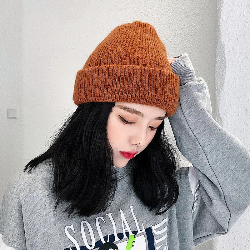 H3559 Women Warm Beanie Hat Female Autumn Winter Korean Thick Knitting Skullies Cap Girl Pure Color Fashion Lovely Shopping Hats |