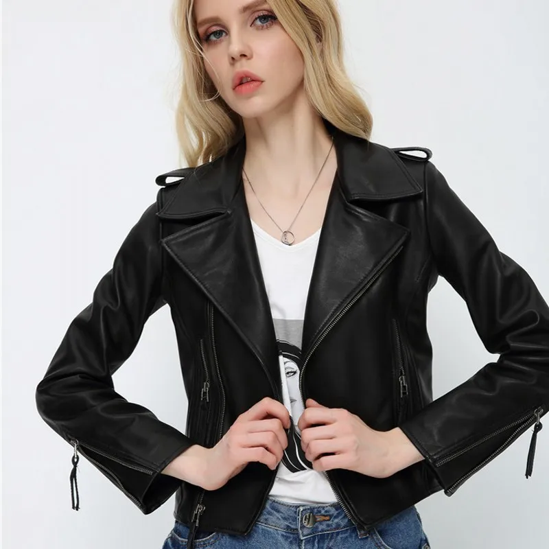

Short Autumn Women Spring Leather Biker Coat Lapel Collar Zipper Slim Fit Ladies Casual Outwear Sheepskin Genuine Leather Jacket