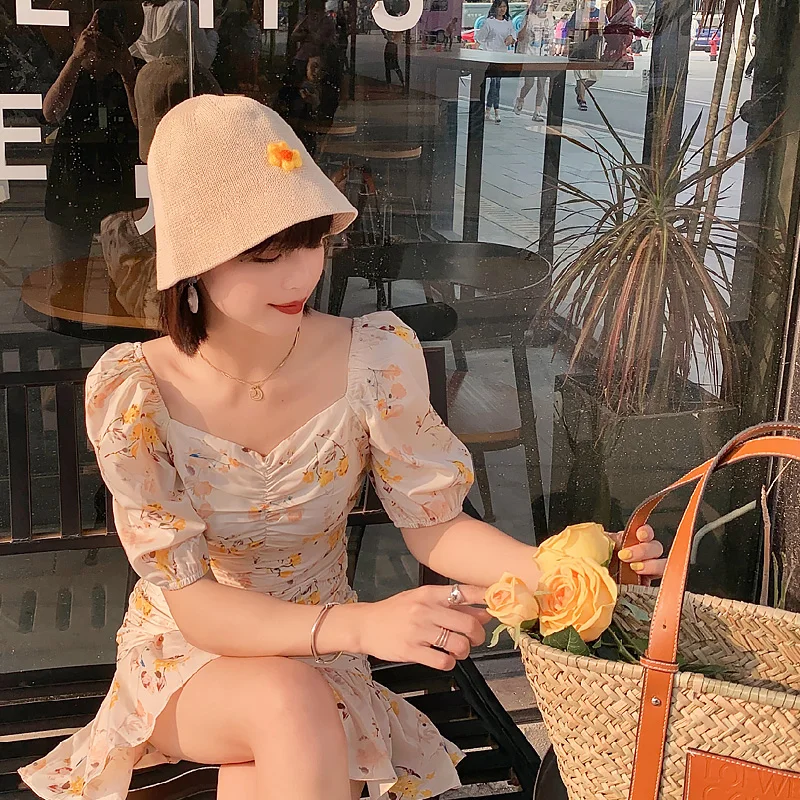Female Spring Summer Women Fisherman Hat Basin Cap Woven Sun Solid Color Simple Yellow Flower Artist Hats Designer