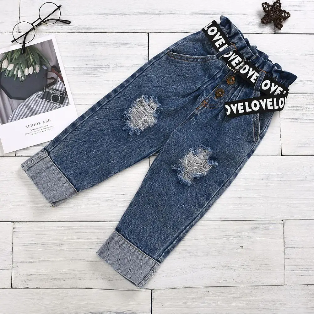 

2-6T Baby Summer Clothing Toddler Baby Girl FashionableTops Short Sleeve Letter T-Shirt Ripped Denim Pants Jeans Outfits 2PCS