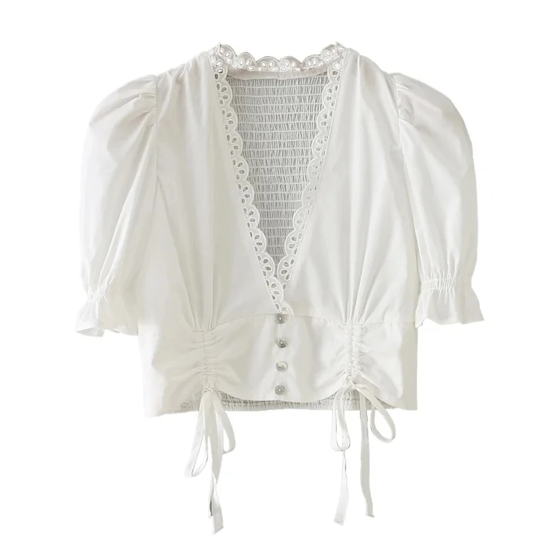 

Летнее женское платье с глубоким v-образным вырезом на завязках эластичная короткая блузка женская с рельефным горошком и оборками на рукав...