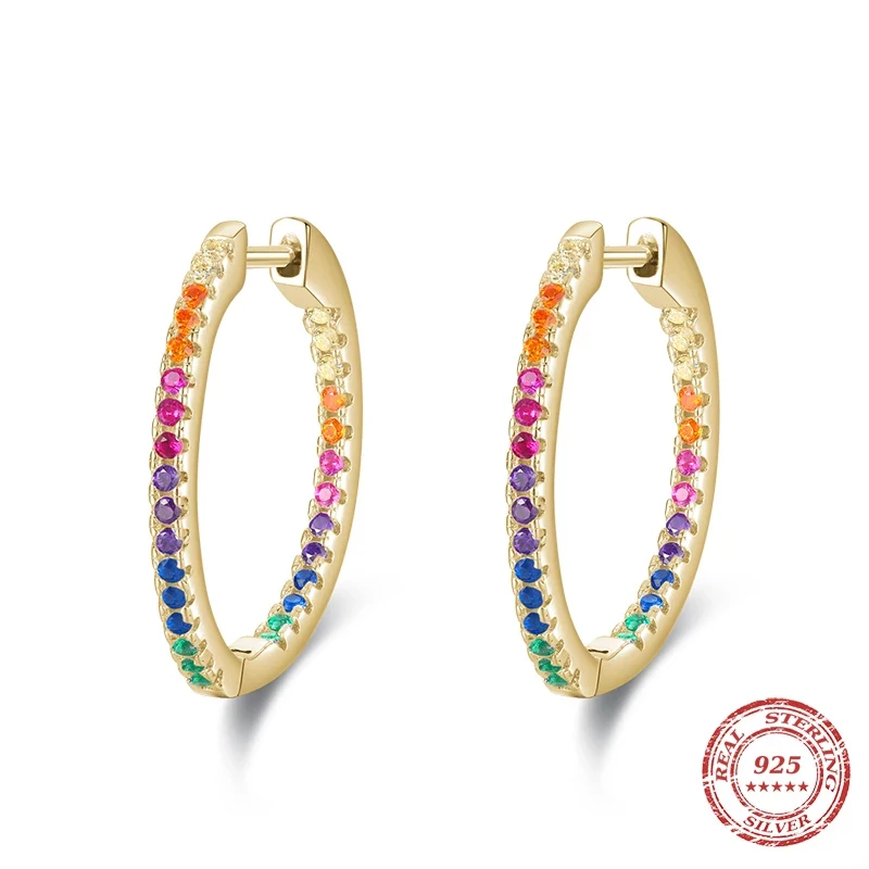

Green Purple Rainbow Color Earrings Real 925 Sterling Silver Circle Zirconia Hoop Earrings For Women Luxury Wedding Jewelry
