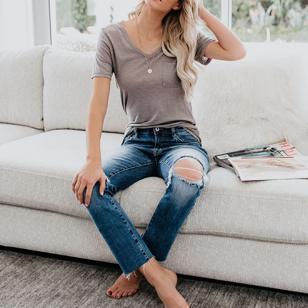 Новая модная женская футболка летняя повседневная однотонная с коротким рукавом