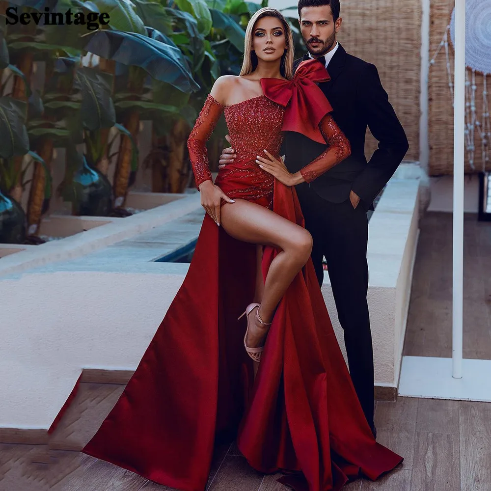 

Женское атласное платье-Русалка Sevintage, бордовое вечернее платье с разрезом сбоку, с длинным рукавом, для выпускного вечера