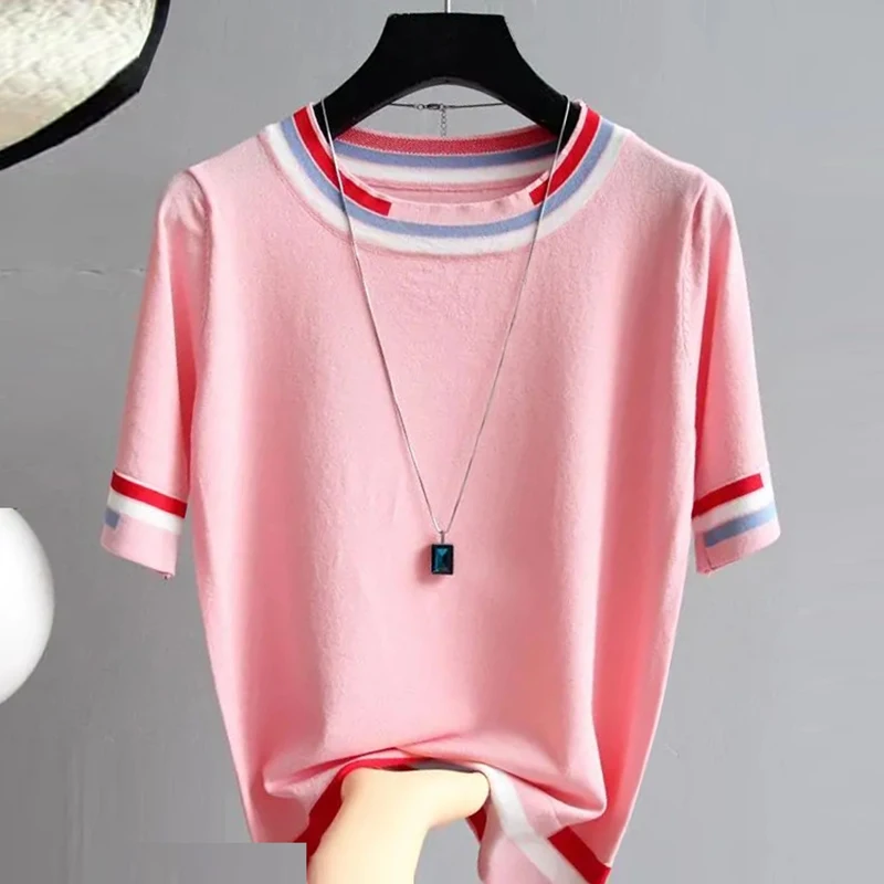 

Fashion Stripe Short Sleeve Knitted T-Shirt Women Summer Casual Slim O-Neck Knitwear Tops 2021 New Korean Style Tee Female