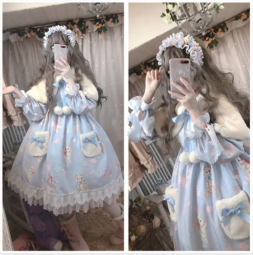 

kawaii girl gothic lolita op loli Autumn winter sweet lolita dress vintage fur collar lace bowknot cute printing victorian dress