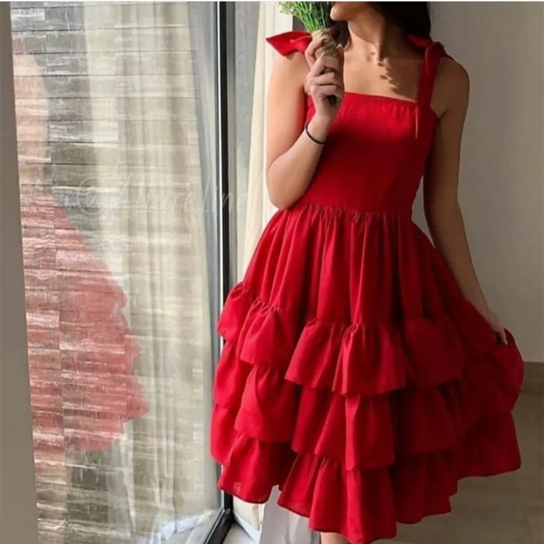 

Short Red Muslim Evening Dresses A-Line Taffeta Pleated Zipper Back Tea Length Robe De Mariée Party Gowns For Women