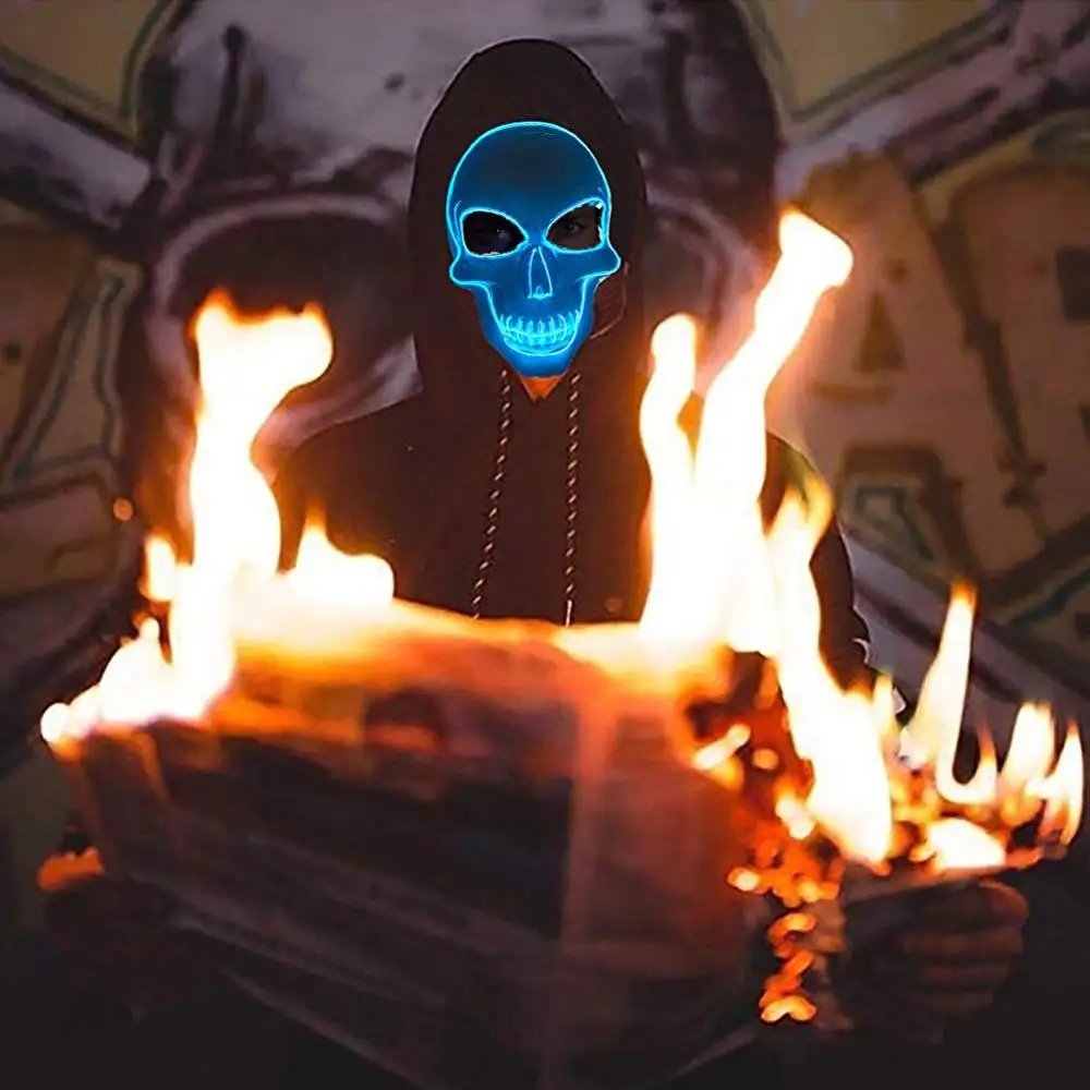 2020 год Хэллоуин скелет маска светодиодный светящийся страшный EL Wire костюмная