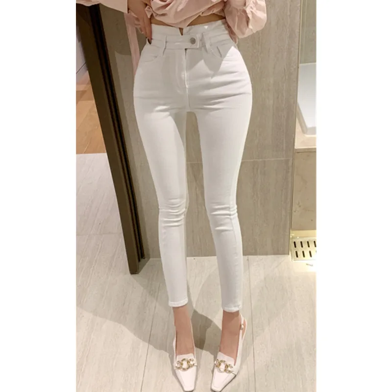 Korean fashion design slim denim pencil pants 2020 summer women's high waist button jeans white women's casual nine points jeans